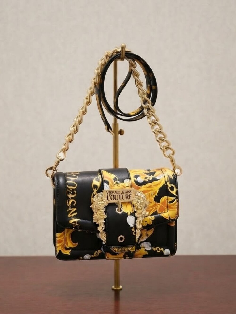 Versace Jeans Collection Black & Gold Baroque Print Top-Handle Bag